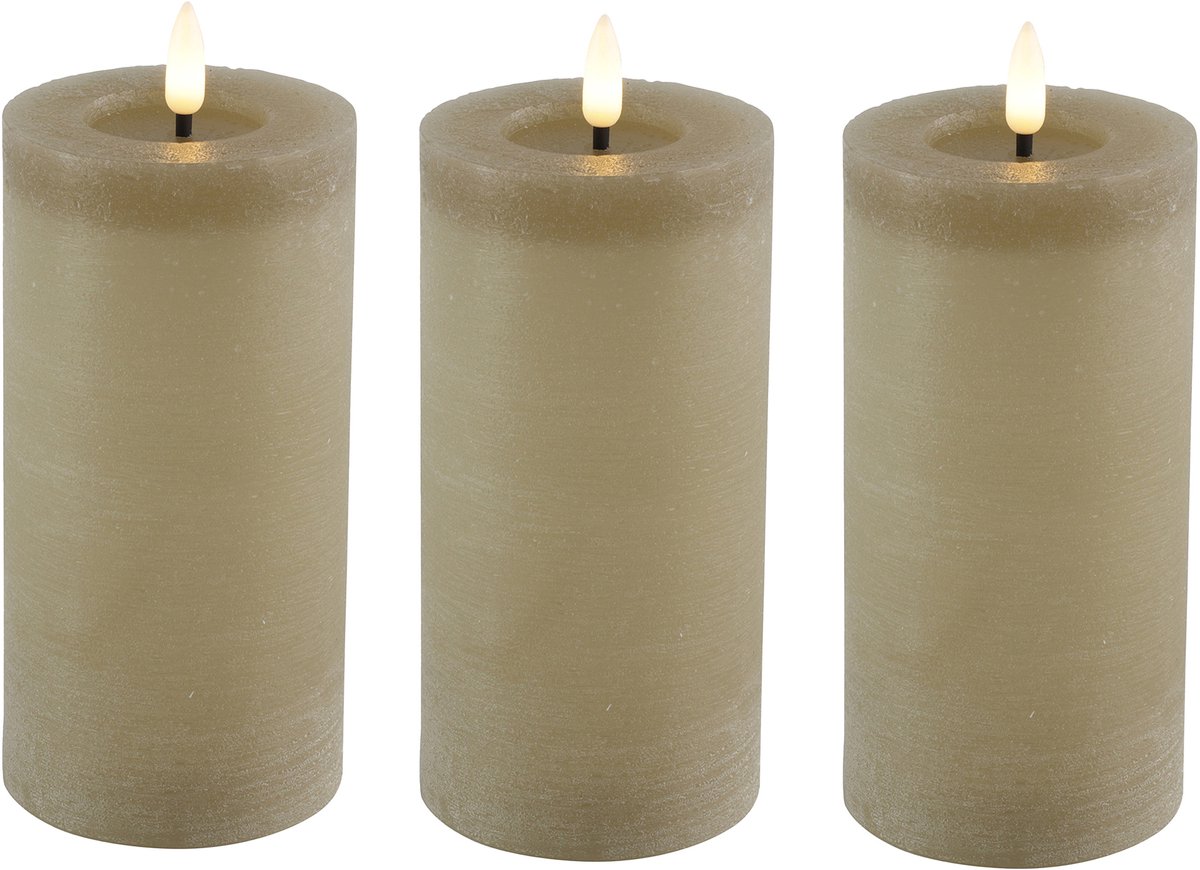 Countryfield Lyon LED kaars/stompkaars - 3x - beige - D7,5 x H15 cm - timer