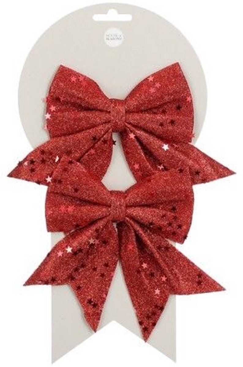 House of Seasons Decoratie strikken - 2x st - rood met glitter - 12 x 13 cm - strikjes
