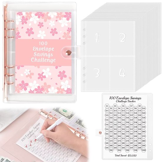 Vitdipy - 100 Envelope Challenge Binder - A5 Envelope Money Challenge Binder-Spaarmap Geld - Spaarpot - Geld Sparen - Money Planner - Roségoud