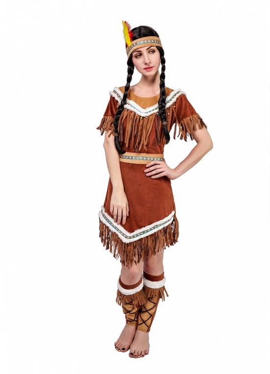 Kostuum Vrouw Indianen – Inclusief Jurk, Riem, Beenwarmers en Hoofdtooi – Carnaval & Verkleedkleding – Maat L