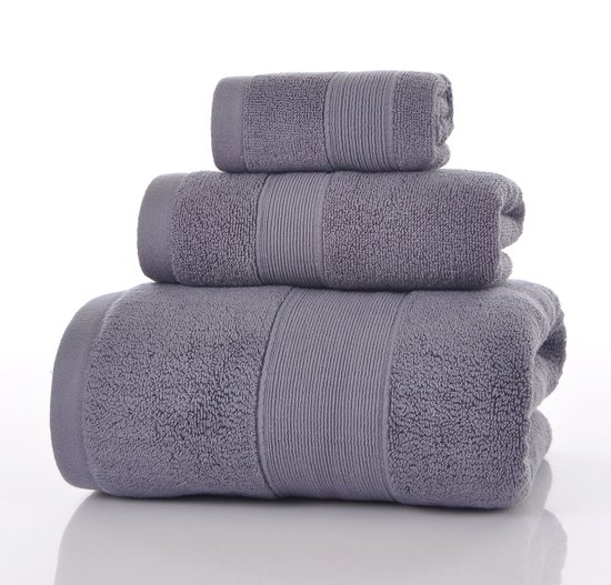 Set van 3 badhanddoeken: handdoek (34x34), washandje (35x75), badhanddoek (70x140). 100% luxe katoen, superzacht, hotelkwaliteit, zeer absorberend, geschikt voor badkamer, douche, strand en dagelijks gebruik (grijs).