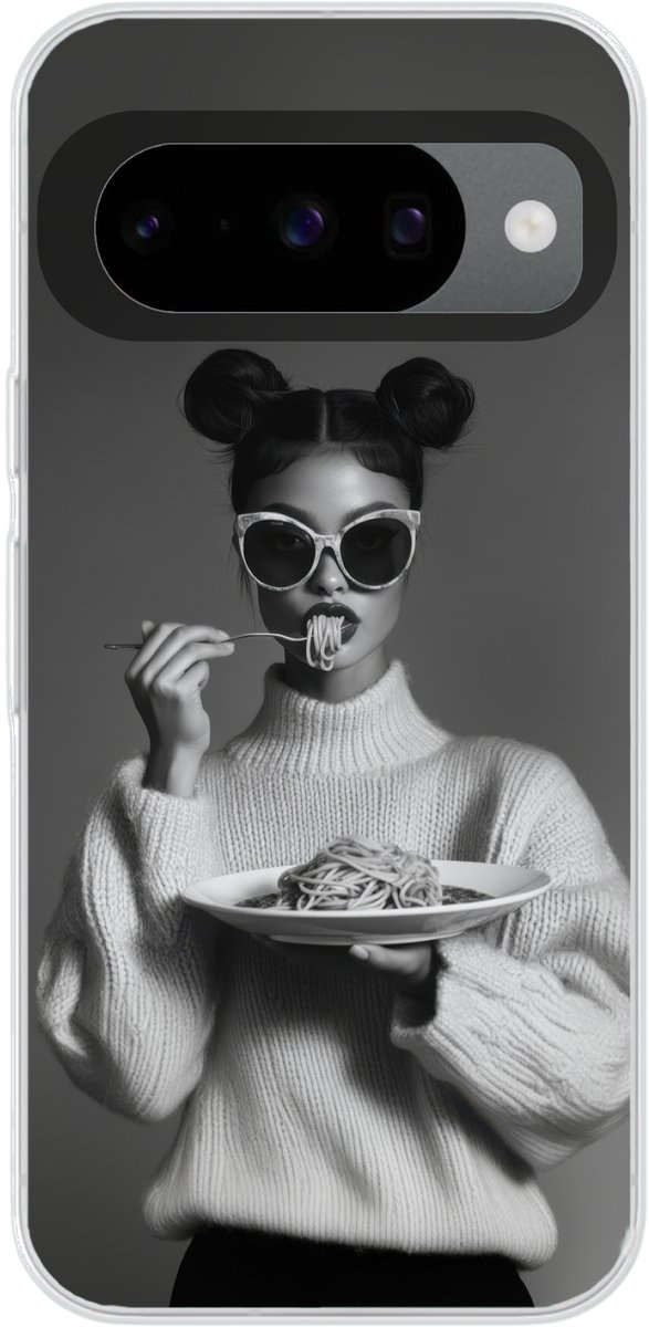 Telefoonhoesje Geschikt voor Google Pixel 10 Pro hoesje - Vrouw - Pasta - Zonnebril - Siliconen Telefoonhoesje Telefoonhoesje