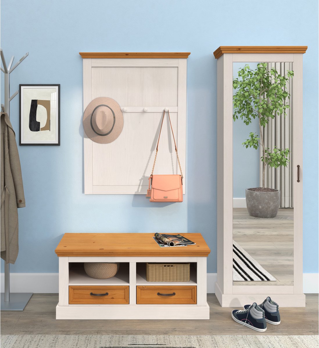 Selma Schoenenkast met Spiegeldeur - Massief Grenenhout - 60 x 25 x 180 cm