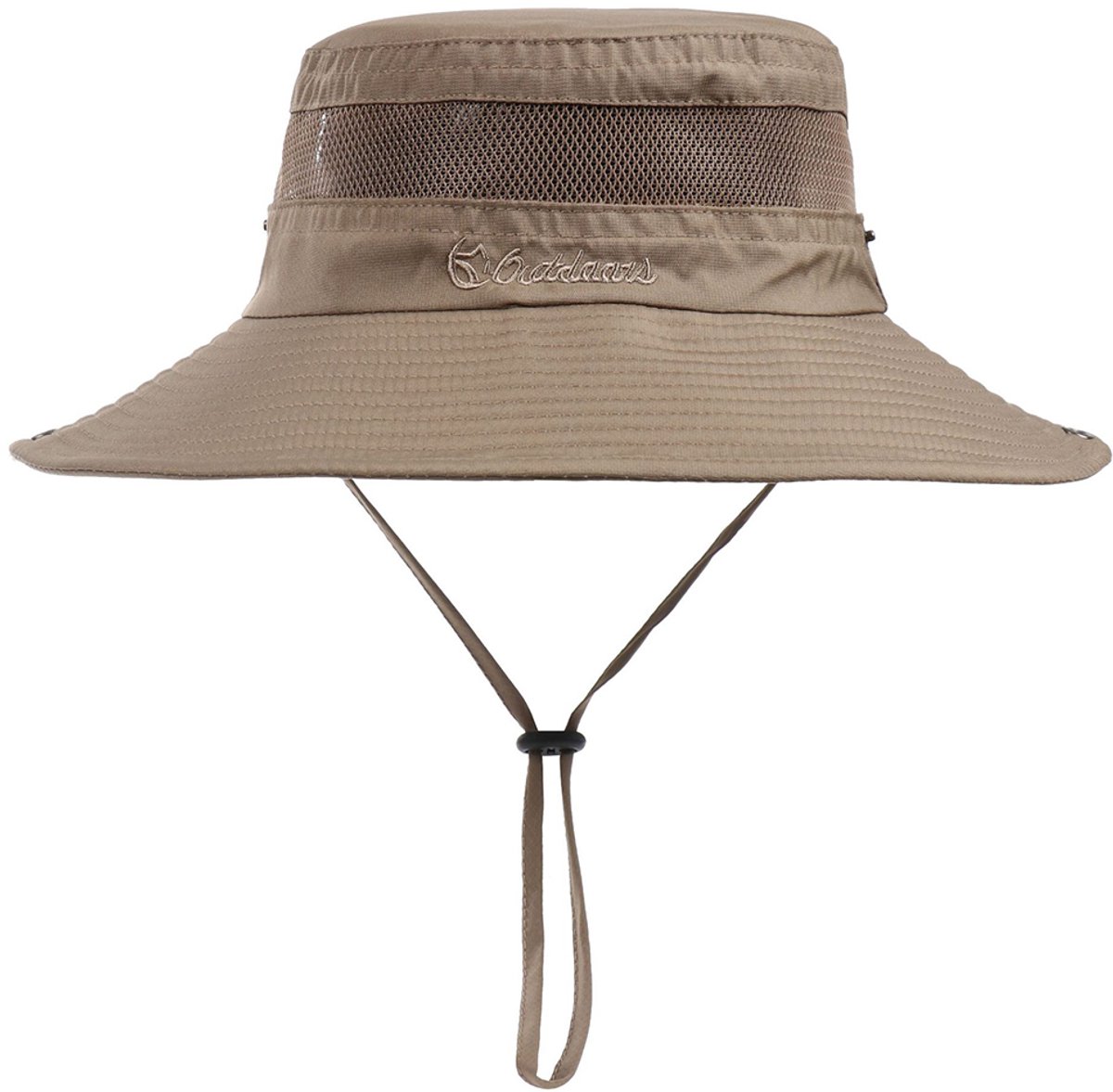 DonkerBeige-WandelHoed-UvBescherming-Kinnband-BredeKant-AdemendMesh-Campinghoed