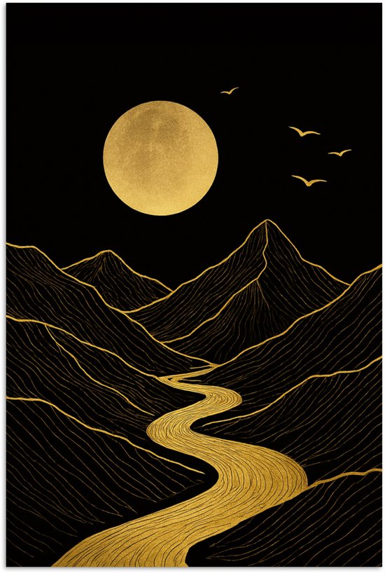 Poster 40x60 cm - Rivier - Goud - Maan - Vogels - Posters - Kamer decoratie - Wanddecoratie woonkamer - Muurdecoratie slaapkamer
