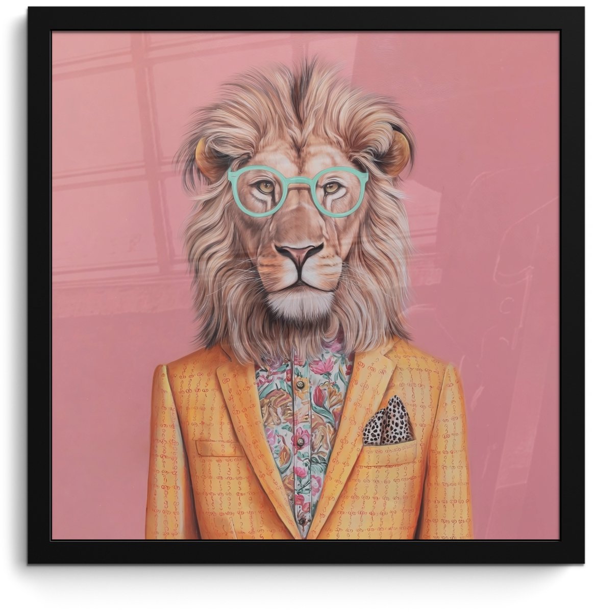FrameYourWall Poster in lijst - Fotolijst 40x40 cm - Posters - Leeuw - Pak - Geruit - Bril - Posterlijst zwart - Decoratie - Wanddecoratie woonkamer - Muurdecoratie slaapkamer
