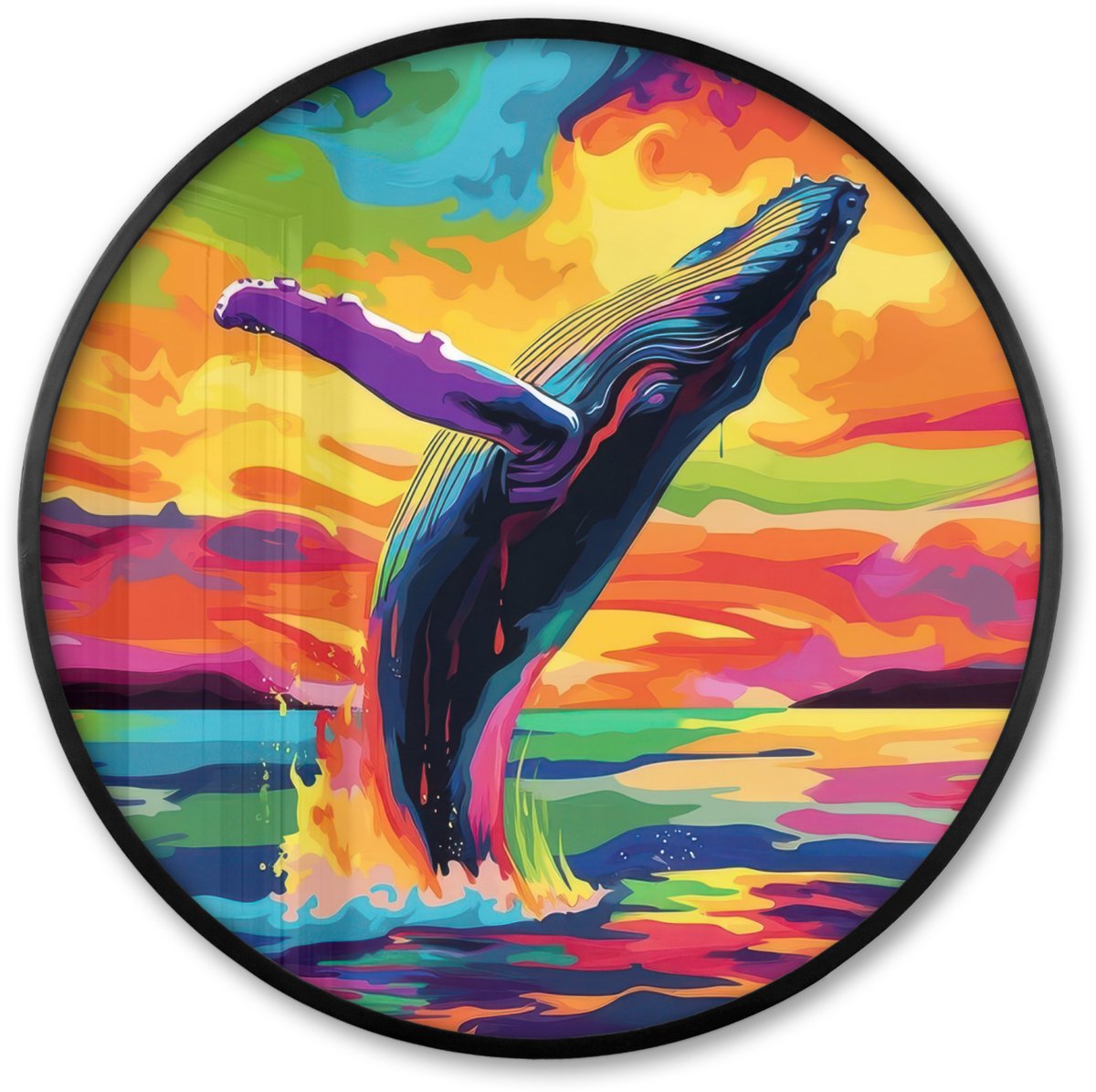 FrameYourWall Poster in lijst Rond - Fotolijst 80x80 cm - Posters - Zonsondergang - Walvis - Geschilderd - Kleurrijk - Ronde posterlijst zwart - Decoratie - Wanddecoratie woonkamer - Muurdecoratie slaapkamer Walvis - Kleurrijk