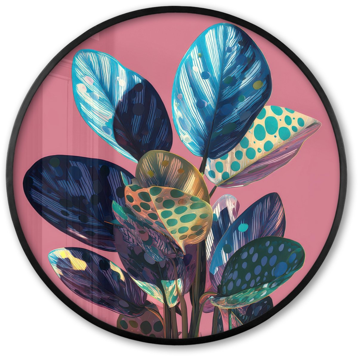 FrameYourWall Poster in lijst Rond - Fotolijst 60x60 cm - Posters - Plant - Bladeren - Stippen - Abstract - Ronde posterlijst zwart - Decoratie - Wanddecoratie woonkamer - Muurdecoratie slaapkamer