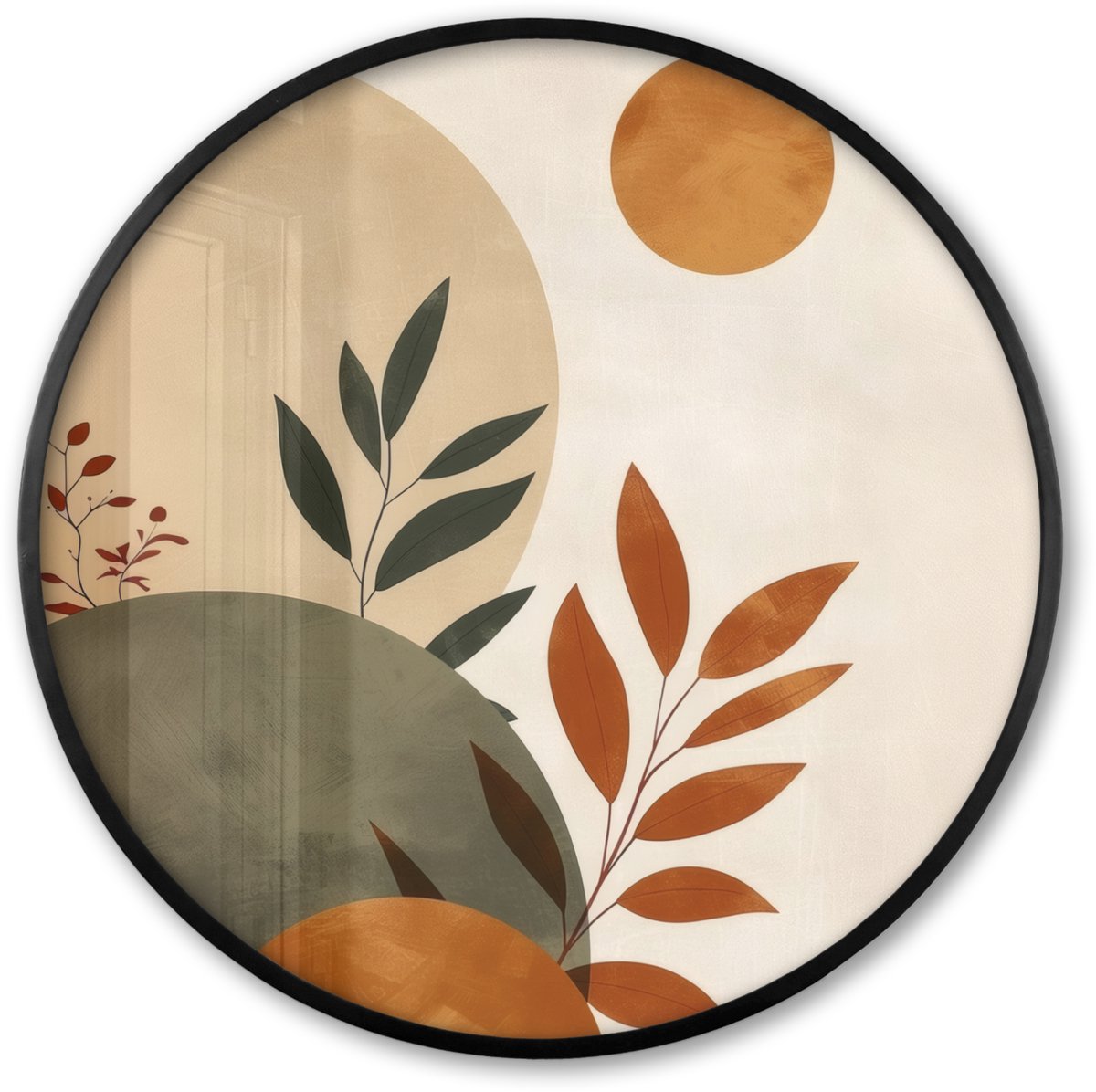 FrameYourWall Poster in lijst Rond - Fotolijst 80x80 cm - Posters - Vormen - Rond - Bladeren - Beige - Ronde posterlijst zwart - Decoratie - Wanddecoratie woonkamer - Muurdecoratie slaapkamer Bladeren - Vorm - Abstract