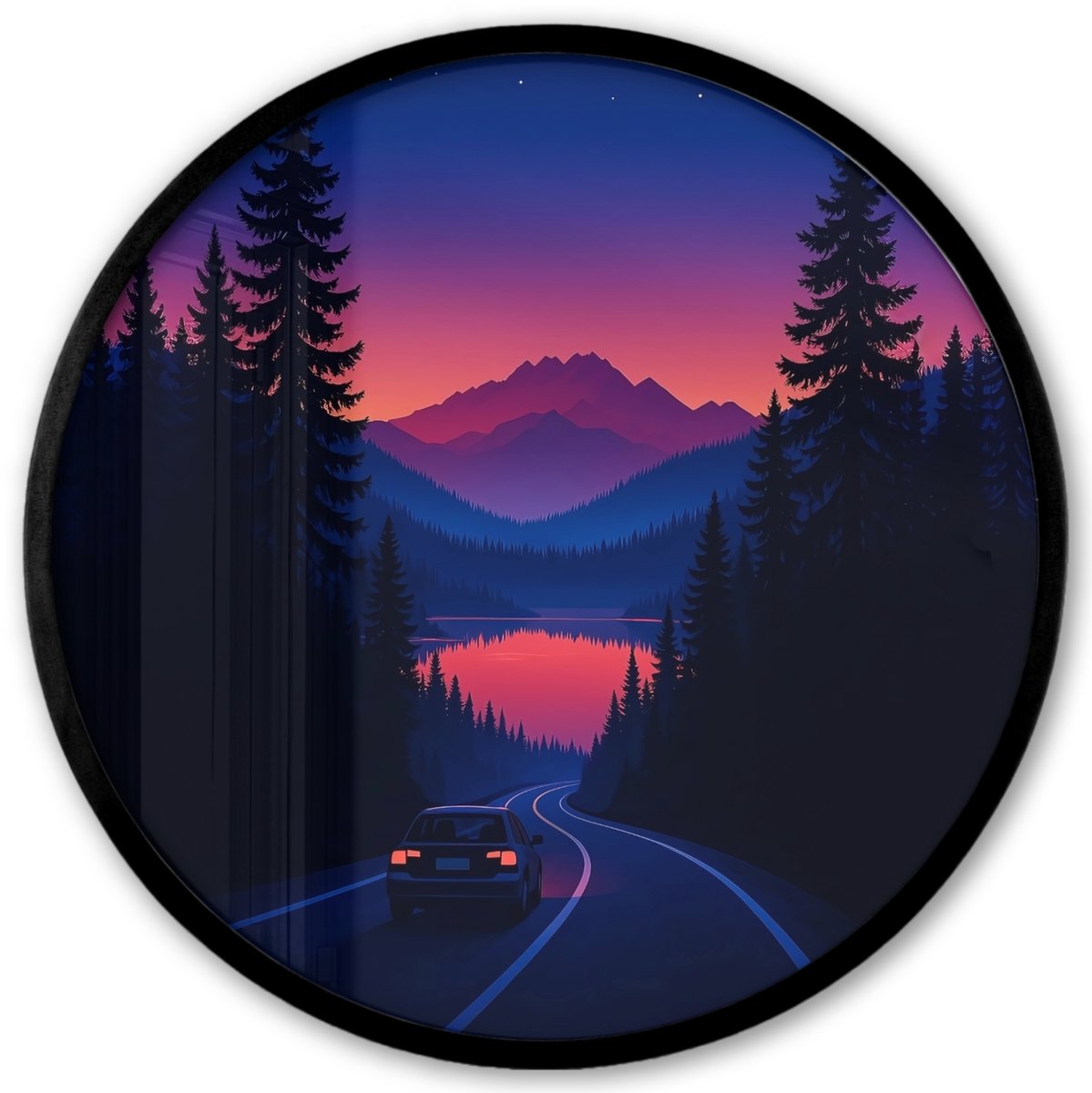 FrameYourWall Poster in lijst Rond - Fotolijst 40x40 cm - Posters - Auto - Donkere dennenbomen - Zonsondergang - Ronde posterlijst zwart - Decoratie - Wanddecoratie woonkamer - Muurdecoratie slaapkamer Auto - Dennenbomen - Zonsondergang