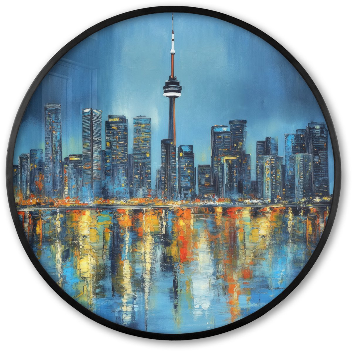 FrameYourWall Poster in lijst Rond - Fotolijst 60x60 cm - Posters - Skyline Toronto - Water - Stadslichten - Toren - Ronde posterlijst zwart - Decoratie - Wanddecoratie woonkamer - Muurdecoratie slaapkamer Skyline - Water