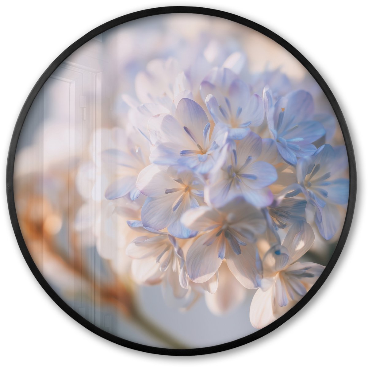 FrameYourWall Poster in lijst Rond - Fotolijst 60x60 cm - Posters - Bloemen - Lichtblauw - Wazig - Trosje - Ronde posterlijst zwart - Decoratie - Wanddecoratie woonkamer - Muurdecoratie slaapkamer