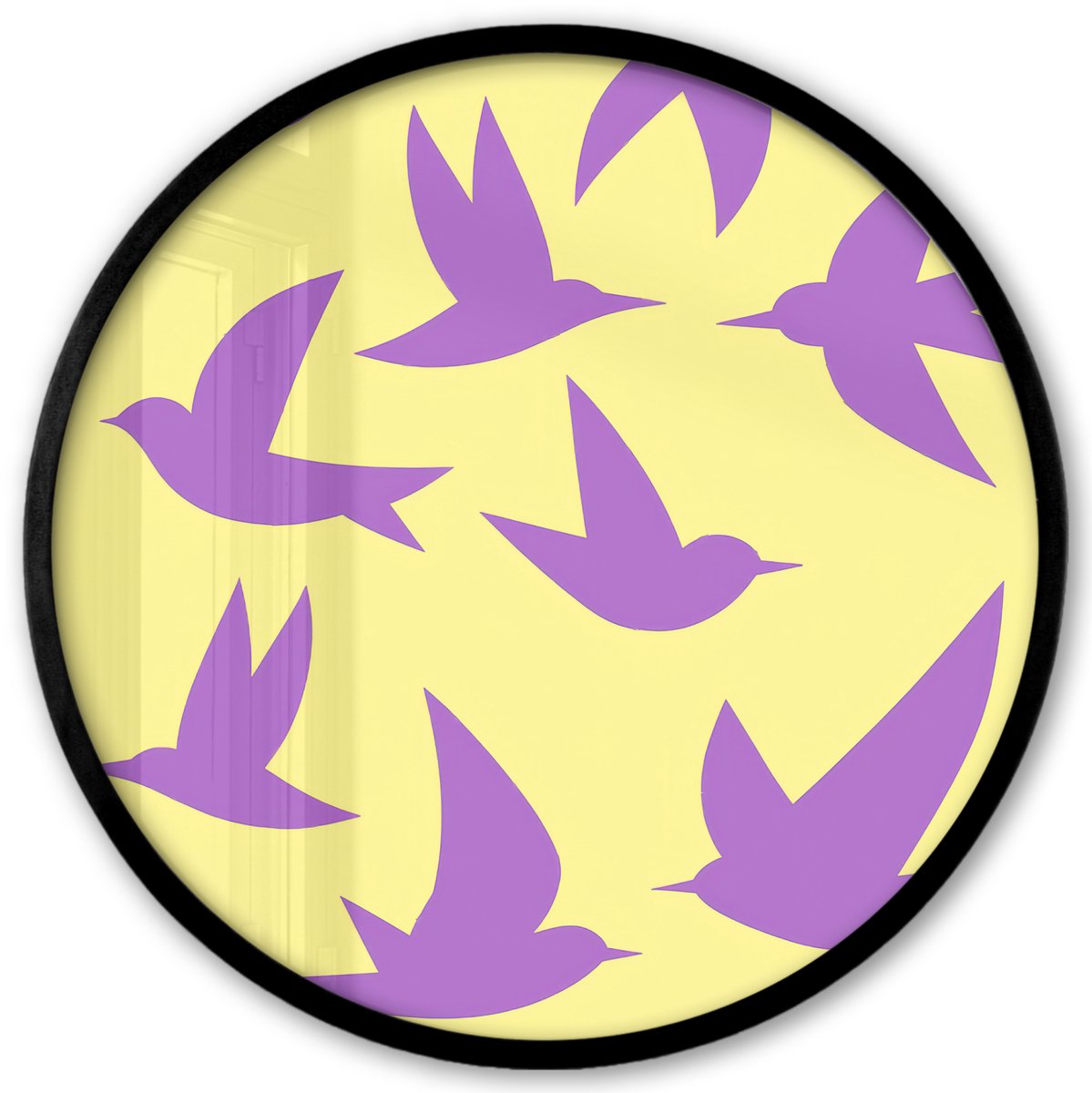 FrameYourWall Poster in lijst Rond - Fotolijst 40x40 cm - Posters - Vogels - Cirkel - Geel - Beweging - Ronde posterlijst zwart - Decoratie - Wanddecoratie woonkamer - Muurdecoratie slaapkamer
