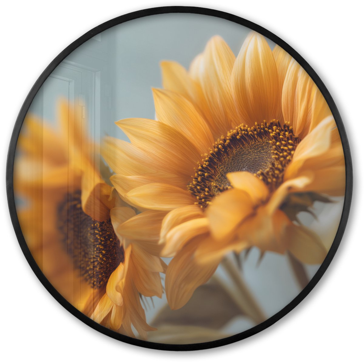 FrameYourWall Poster in lijst Rond - Fotolijst 60x60 cm - Posters - Zonnebloemen - Geel - Wazig - Ronde posterlijst zwart - Decoratie - Wanddecoratie woonkamer - Muurdecoratie slaapkamer
