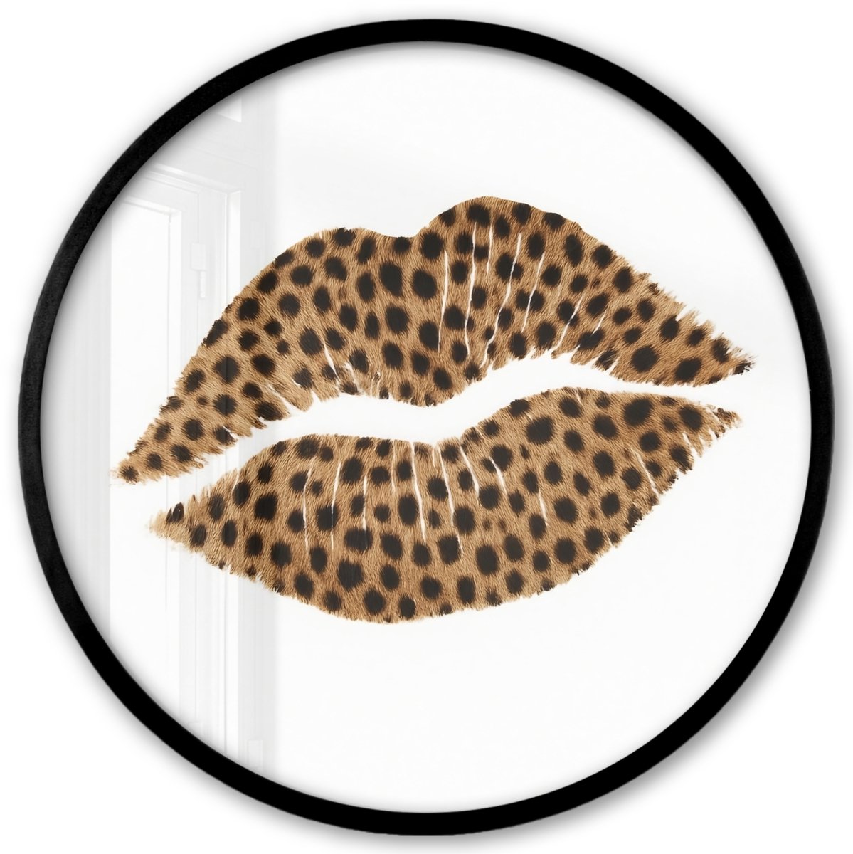 FrameYourWall Poster in lijst Rond - Fotolijst 40x40 cm - Posters - Lip - Panterprint - Minimalistisch - Wit - Ronde posterlijst zwart - Decoratie - Wanddecoratie woonkamer - Muurdecoratie slaapkamer