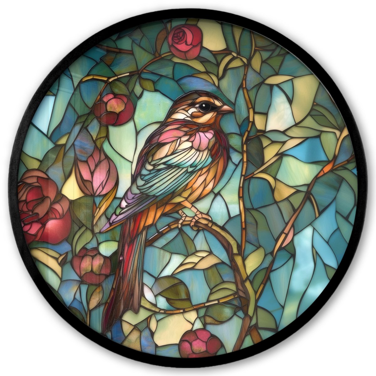 FrameYourWall Poster in lijst Rond - Fotolijst 40x40 cm - Posters - Vogel - Tak - Rozen - Mozaïek - Ronde posterlijst zwart - Decoratie - Wanddecoratie woonkamer - Muurdecoratie slaapkamer Vogel - Tak - Mozaïek