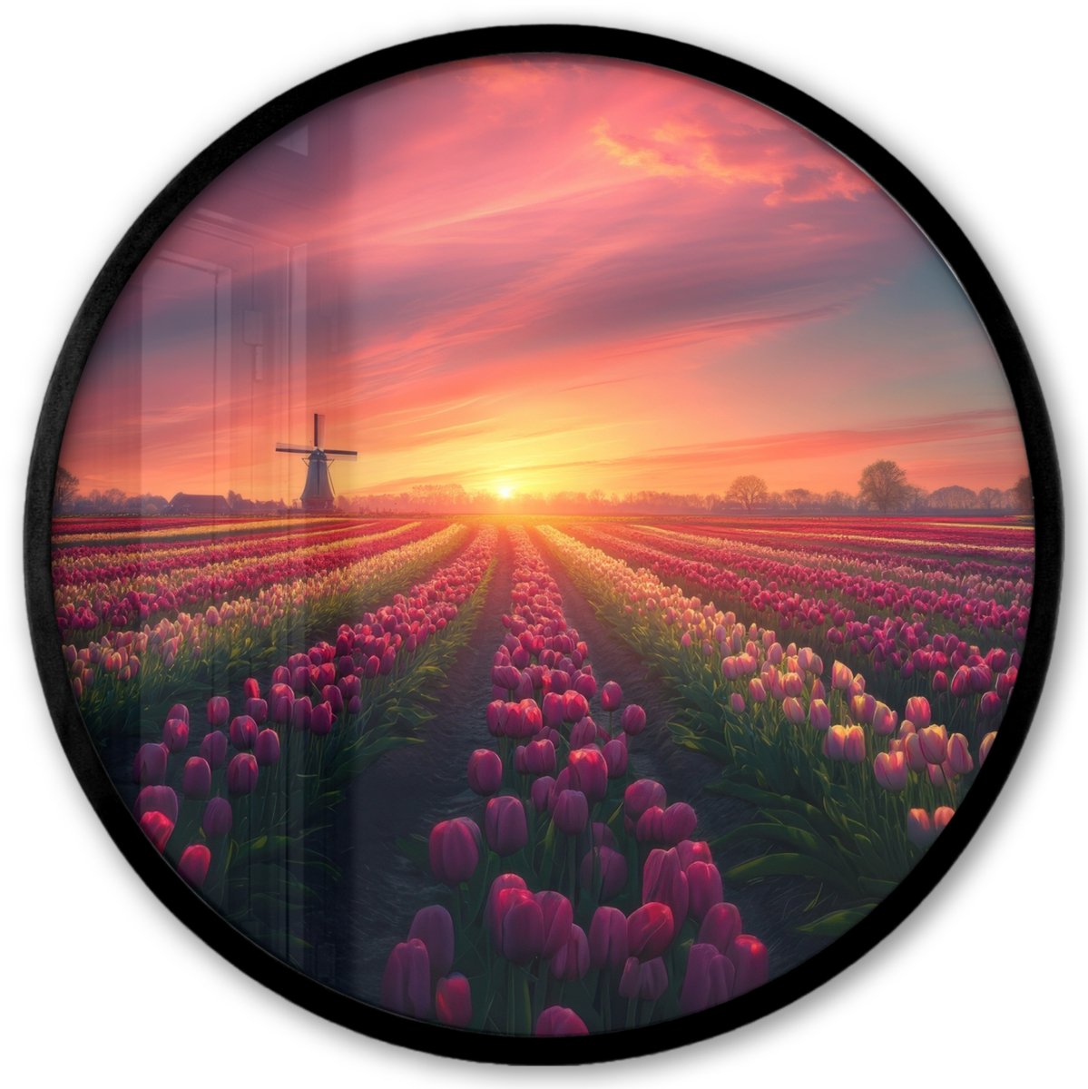 FrameYourWall Poster in lijst Rond - Fotolijst 40x40 cm - Posters - Windmolen - Zonsondergang - Landschap - Ronde posterlijst zwart - Decoratie - Wanddecoratie woonkamer - Muurdecoratie slaapkamer Bloemen - Tulpen
