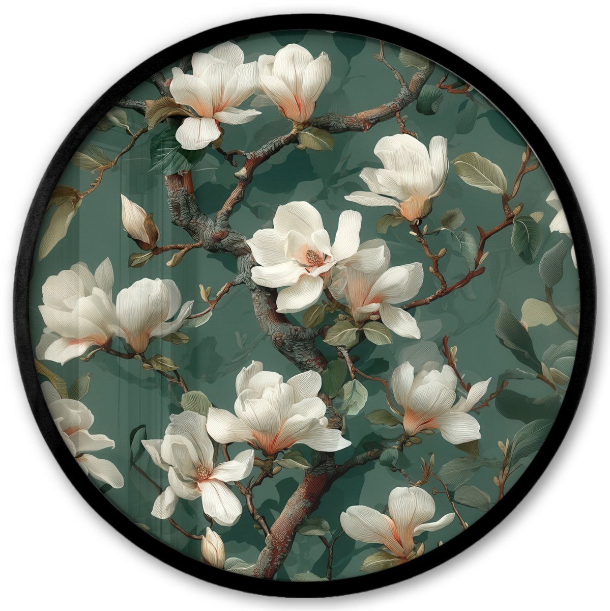 FrameYourWall Poster in lijst Rond - Fotolijst 40x40 cm - Posters - Bloemen - Takken - Wit - Klassiek - Ronde posterlijst zwart - Decoratie - Wanddecoratie woonkamer - Muurdecoratie slaapkamer