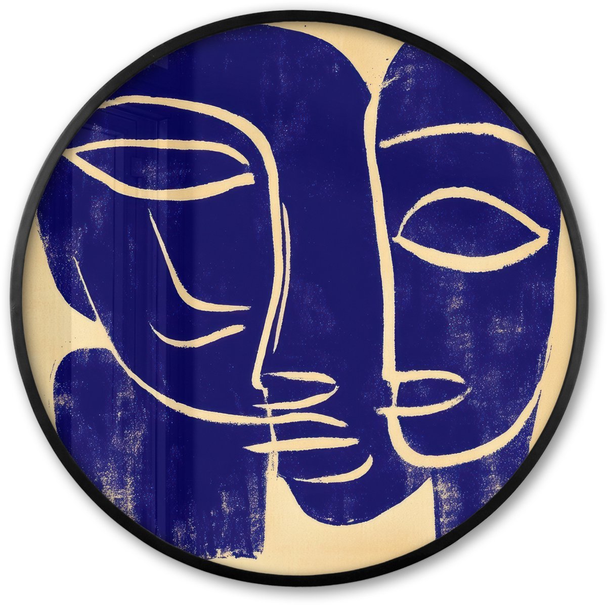 FrameYourWall Poster in lijst Rond - Fotolijst 80x80 cm - Posters - Okergeel - Blauw - Eenvoudige lijnen - Ronde posterlijst zwart - Decoratie - Wanddecoratie woonkamer - Muurdecoratie slaapkamer Lijnen - Gezichten