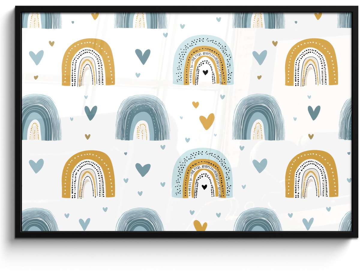 FrameYourWall Poster in lijst - Fotolijst 120x80 cm - Posters - Patroon - Regenboog - Hartjes - Posterlijst zwart - Decoratie - Wanddecoratie woonkamer - Muurdecoratie slaapkamer Multicolor