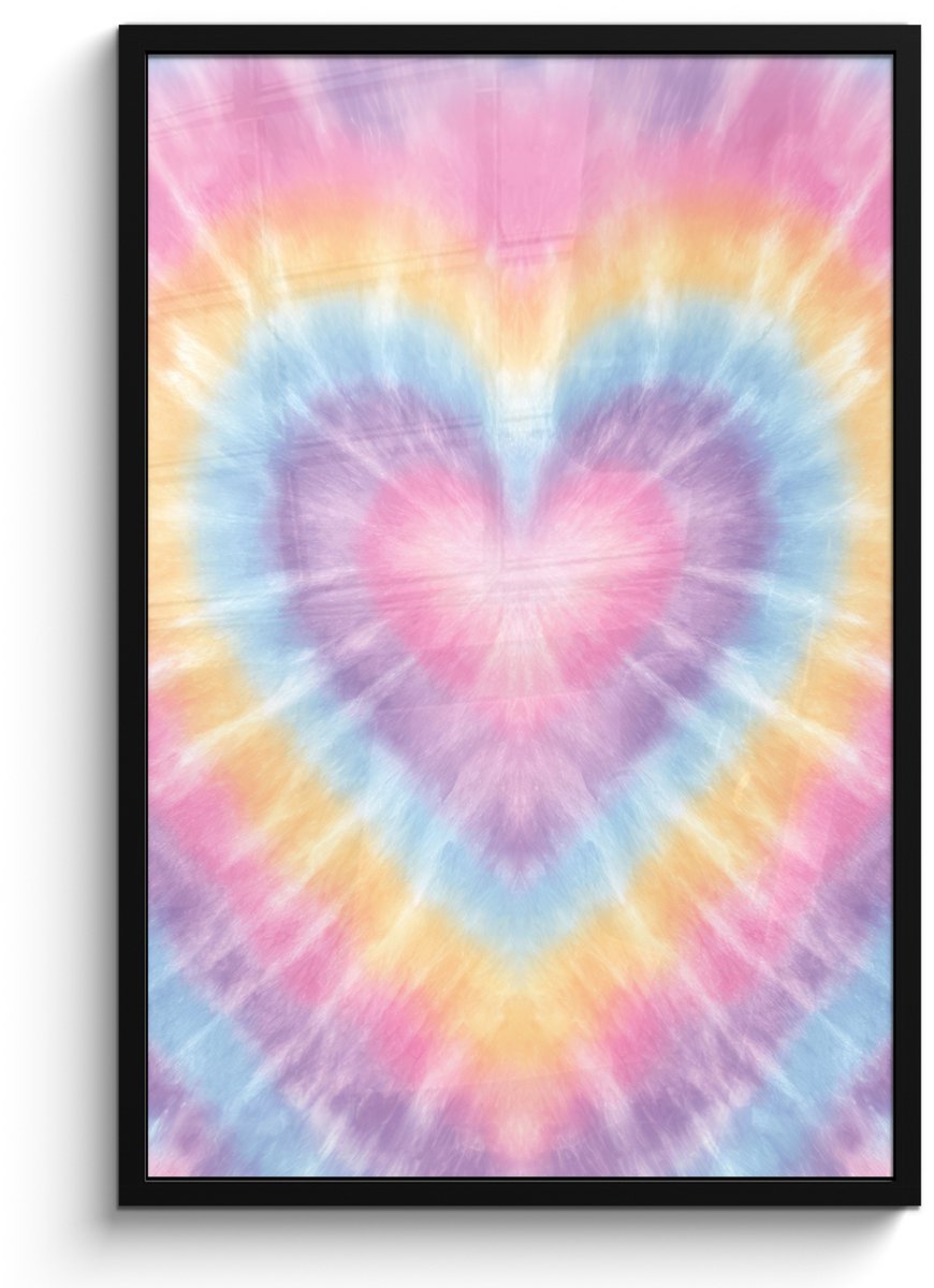 FrameYourWall Poster in lijst - Fotolijst 60x90 cm - Posters - Hartvorm - Pastelkleuren - Tie Dye - Posterlijst zwart - Decoratie - Wanddecoratie woonkamer - Muurdecoratie slaapkamer Multicolor