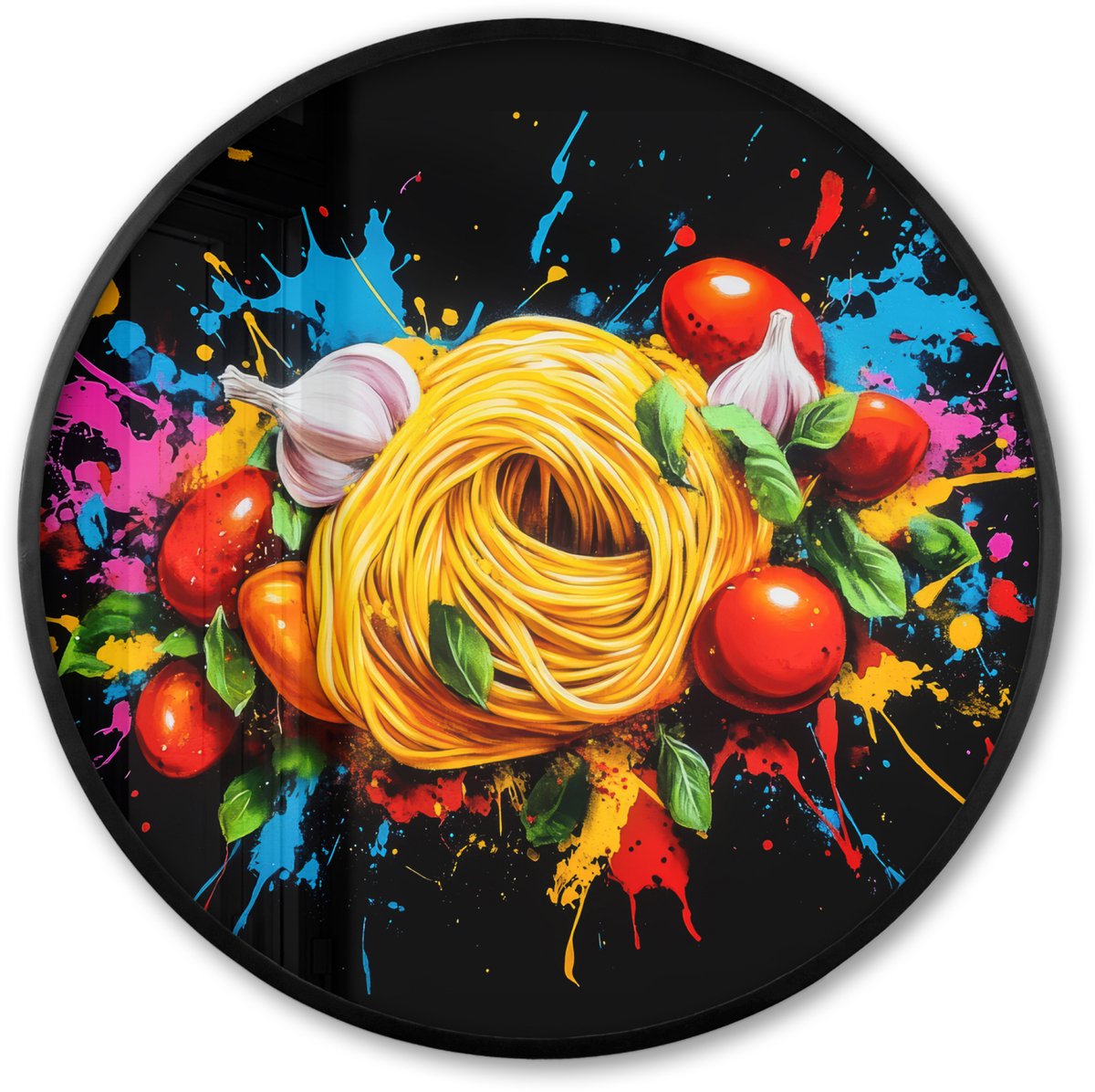 FrameYourWall Poster in lijst Rond - Fotolijst 60x60 cm - Posters - Spaghetti - Graffiti - Verf - Kleurrijk - Eten - Modern - Ronde posterlijst zwart - Decoratie - Wanddecoratie woonkamer - Muurdecoratie slaapkamer Graffiti - Spaghetti