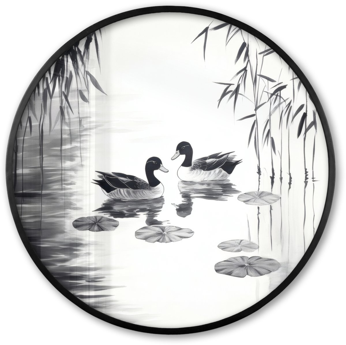 FrameYourWall Poster in lijst Rond - Fotolijst 60x60 cm - Posters - Eenden - Waterlelies - Riet - Zwart - Ronde posterlijst zwart - Decoratie - Wanddecoratie woonkamer - Muurdecoratie slaapkamer