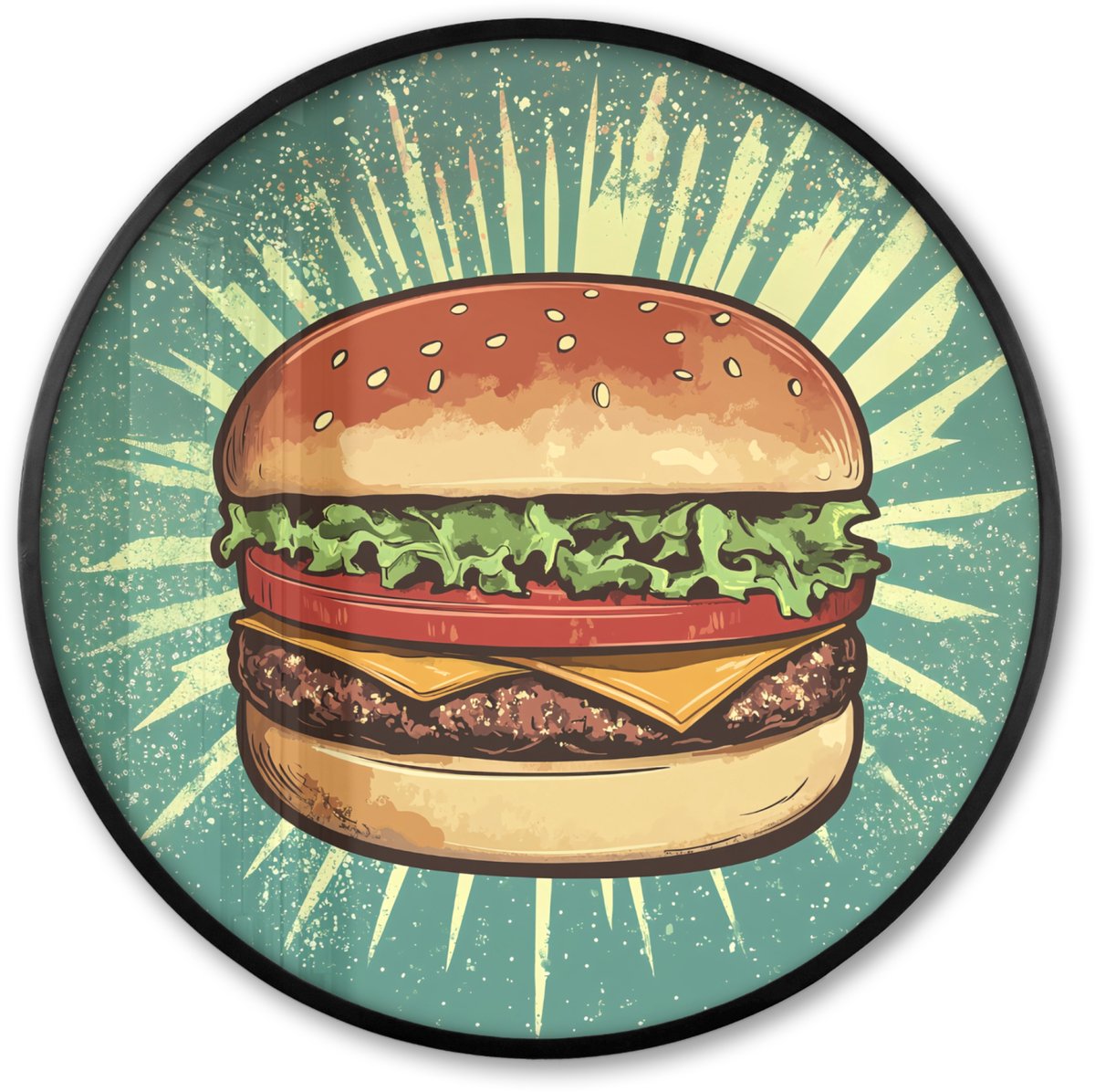 FrameYourWall Poster in lijst Rond - Fotolijst 60x60 cm - Posters - Hamburger - Illustratie - Sla - Kaas - Ronde posterlijst zwart - Decoratie - Wanddecoratie woonkamer - Muurdecoratie slaapkamer