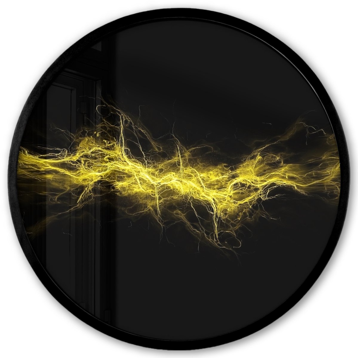 FrameYourWall Poster in lijst Rond - Fotolijst 40x40 cm - Posters - Gaming - Elektriciteit - Geel - Energie - Ronde posterlijst zwart - Decoratie - Wanddecoratie woonkamer - Muurdecoratie slaapkamer Vonken