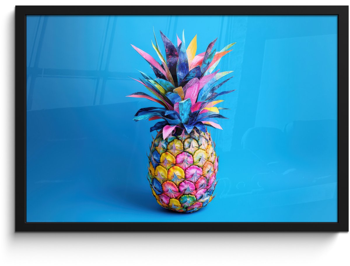 FrameYourWall Poster in lijst - Fotolijst 60x40 cm - Posters - Ananas - Blauw - Tropisch - Vrolijk - Posterlijst zwart - Decoratie - Wanddecoratie woonkamer - Muurdecoratie slaapkamer Ananas - Tropisch