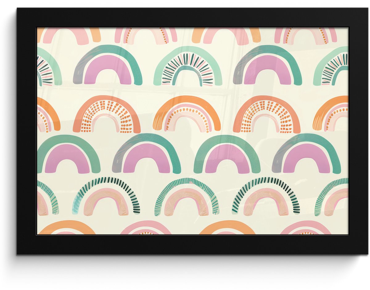 FrameYourWall Poster in lijst - Fotolijst 30x20 cm - Posters - Regenboog - Pastel - Patroon - Posterlijst zwart - Decoratie - Wanddecoratie woonkamer - Muurdecoratie slaapkamer Regenbogen - Stippen - Strepen