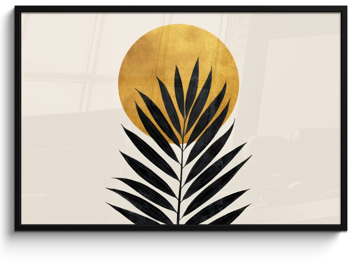 FrameYourWall Poster in lijst - Fotolijst 120x80 cm - Posters - Zwart palmblad - Gouden cirkel - Beige achtergrond - Posterlijst zwart - Decoratie - Wanddecoratie woonkamer - Muurdecoratie slaapkamer Palmblad - Cirkel