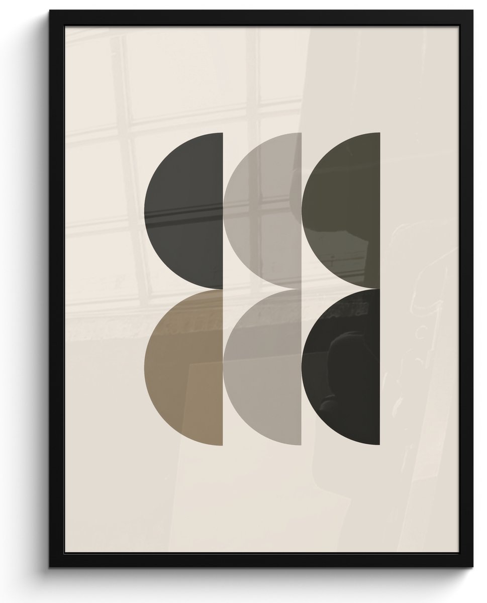FrameYourWall Poster in lijst - Fotolijst 60x80 cm - Posters - Halve cirkels - Aardetinten - Grafisch - Posterlijst zwart - Decoratie - Wanddecoratie woonkamer - Muurdecoratie slaapkamer Aardetinten - Halve cirkels