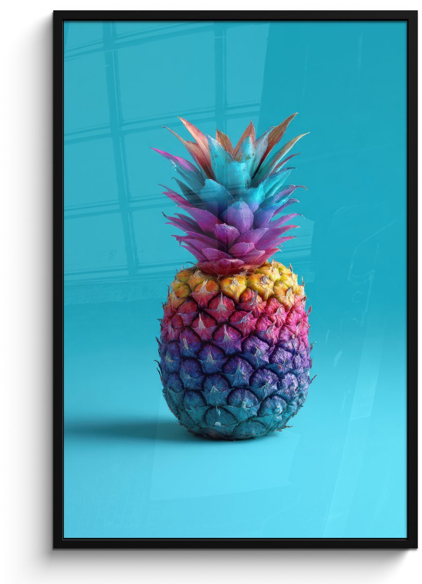 FrameYourWall Poster in lijst - Fotolijst 80x120 cm - Posters - Ananas - Regenboog - Blauw - Popart - Posterlijst zwart - Decoratie - Wanddecoratie woonkamer - Muurdecoratie slaapkamer