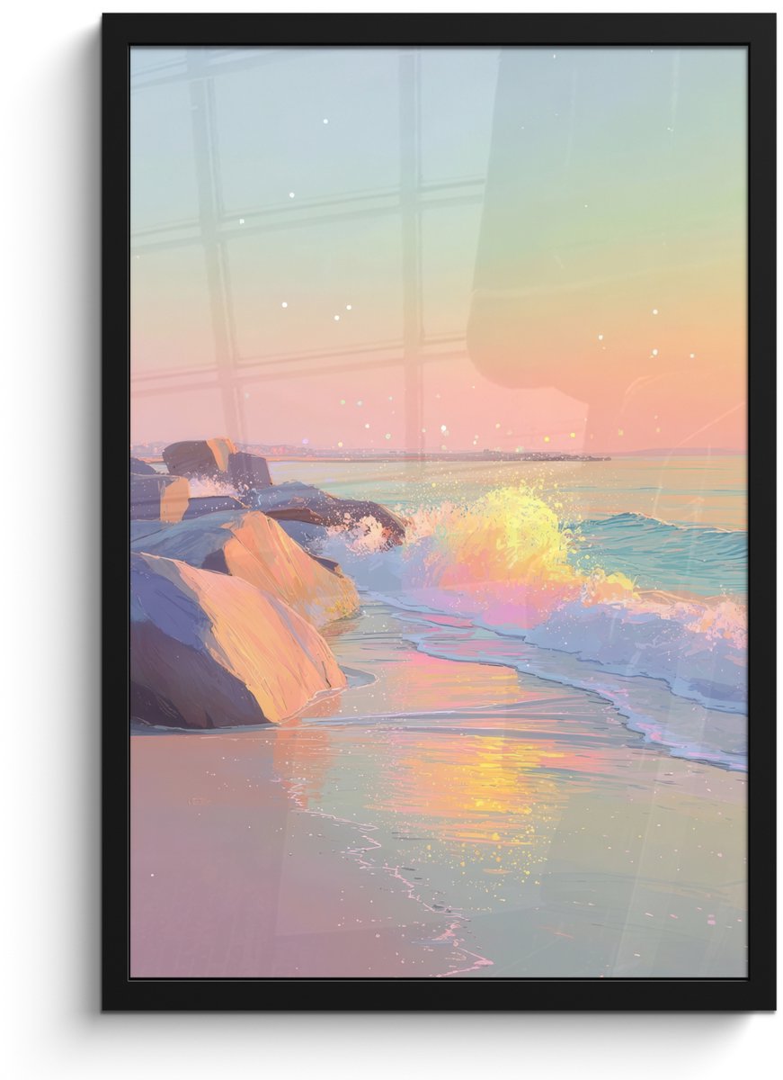 FrameYourWall Poster in lijst - Fotolijst 40x60 cm - Posters - Zomerlicht - Strand - Fonkelende accenten - Posterlijst zwart - Decoratie - Wanddecoratie woonkamer - Muurdecoratie slaapkamer Strand - Zee - Stad