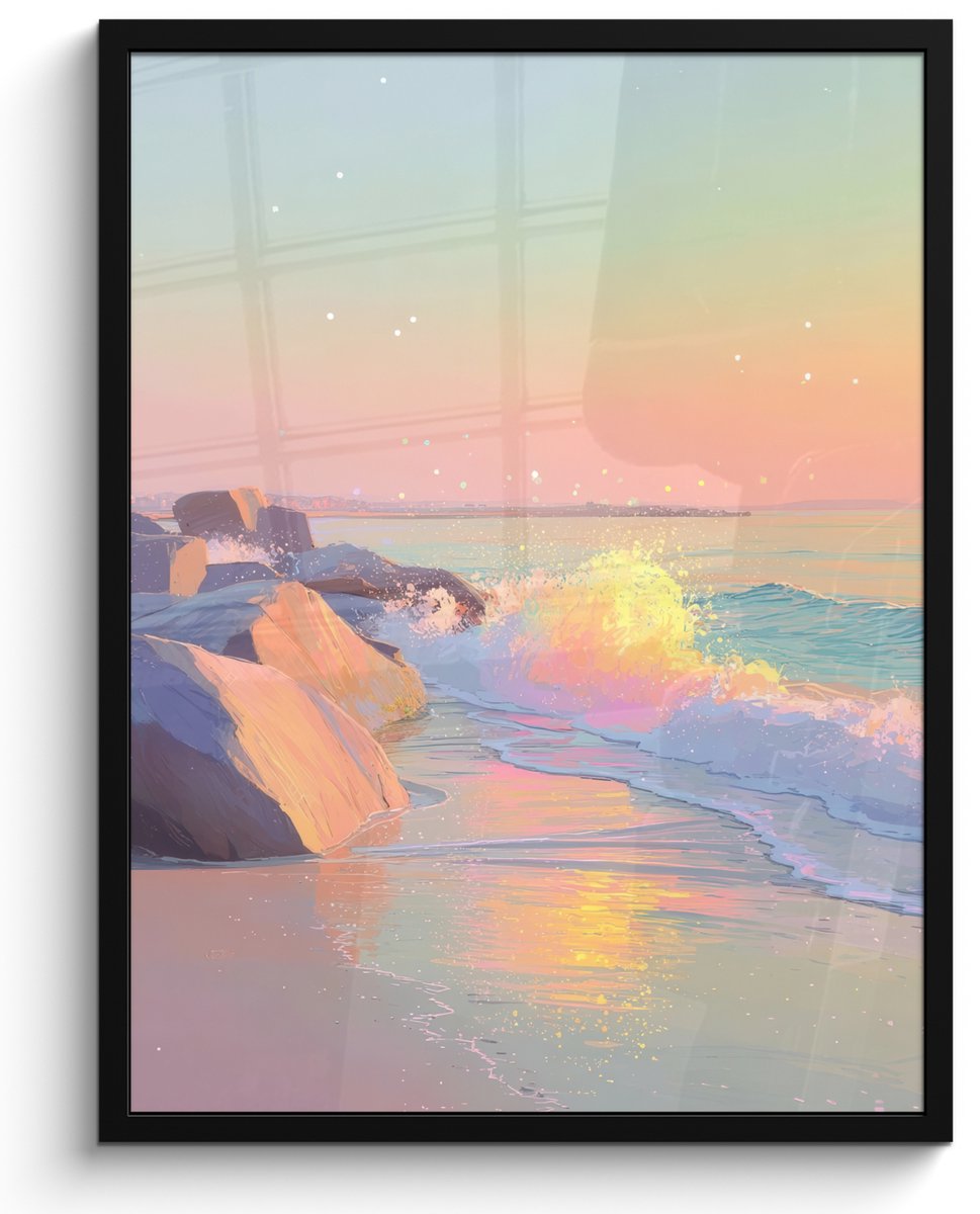 FrameYourWall Poster in lijst - Fotolijst 60x80 cm - Posters - Zomerlicht - Strand - Fonkelende accenten - Posterlijst zwart - Decoratie - Wanddecoratie woonkamer - Muurdecoratie slaapkamer Strand - Zee - Stad