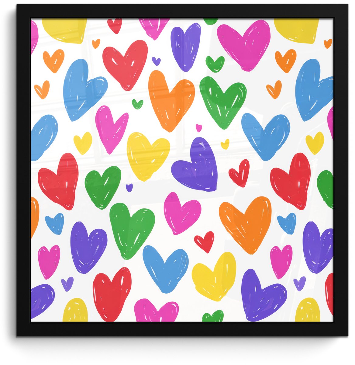 FrameYourWall Poster in lijst - Fotolijst 40x40 cm - Posters - Hartjes - Patroon - Kleurrijk - Tekening - Posterlijst zwart - Decoratie - Wanddecoratie woonkamer - Muurdecoratie slaapkamer Hartjes - Kleurrijk