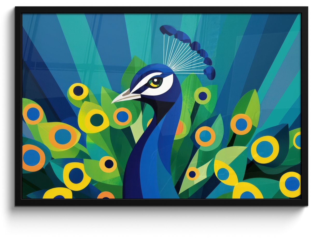 FrameYourWall Poster in lijst - Fotolijst 90x60 cm - Posters - Pauw - Cirkels - Blauw - Posterlijst zwart - Decoratie - Wanddecoratie woonkamer - Muurdecoratie slaapkamer