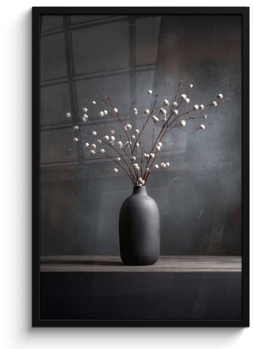 FrameYourWall Poster in lijst - Fotolijst 60x90 cm - Posters - Takken - Vaas - Bolletjes - Wit - Posterlijst zwart - Decoratie - Wanddecoratie woonkamer - Muurdecoratie slaapkamer