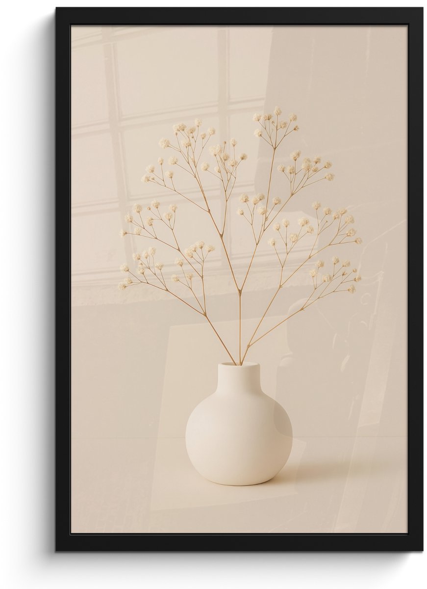 FrameYourWall Poster in lijst - Fotolijst 40x60 cm - Posters - Vaas - Takken - Bloemetjes - Wit - Posterlijst zwart - Decoratie - Wanddecoratie woonkamer - Muurdecoratie slaapkamer