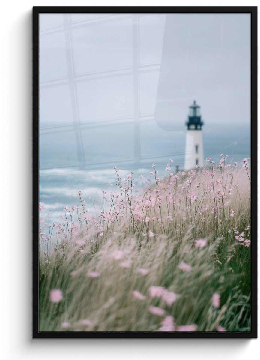 FrameYourWall Poster in lijst - Fotolijst 80x120 cm - Posters - Vuurtoren - Klif - Zee - Bloemen - Posterlijst zwart - Decoratie - Wanddecoratie woonkamer - Muurdecoratie slaapkamer Vuurtoren - Zee - Bloemen