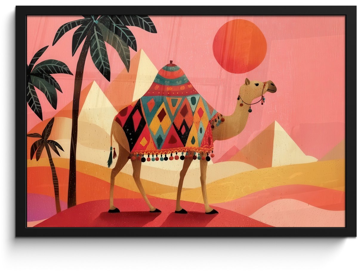 FrameYourWall Poster in lijst - Fotolijst 60x40 cm - Posters - Kameel - Pyramides - Rode zon - Posterlijst zwart - Decoratie - Wanddecoratie woonkamer - Muurdecoratie slaapkamer Kameel - Pyramides - Zon