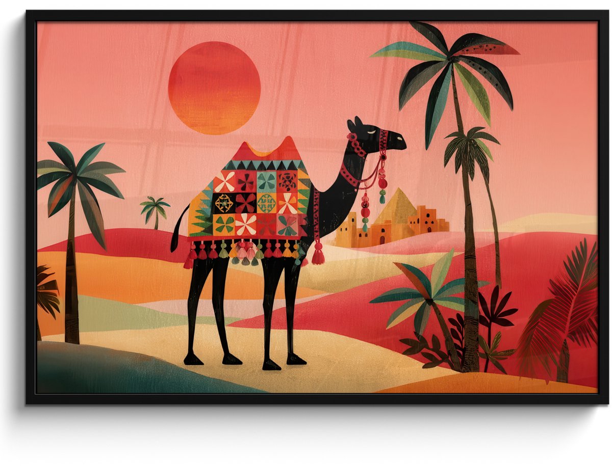 FrameYourWall Poster in lijst - Fotolijst 120x80 cm - Posters - Kameel - Gekleurd tapijt - Duinen - Rode zon - Posterlijst zwart - Decoratie - Wanddecoratie woonkamer - Muurdecoratie slaapkamer Kameel - Duinen - Zon