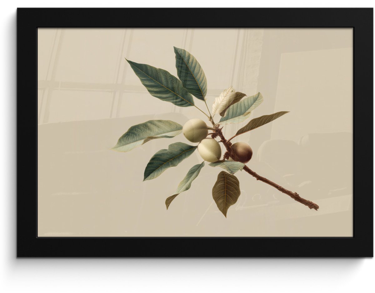 FrameYourWall Poster in lijst - Fotolijst 30x20 cm - Posters - Tak - Groene Bladeren - Vruchten - Posterlijst zwart - Decoratie - Wanddecoratie woonkamer - Muurdecoratie slaapkamer Tak - Bladeren - Vruchten