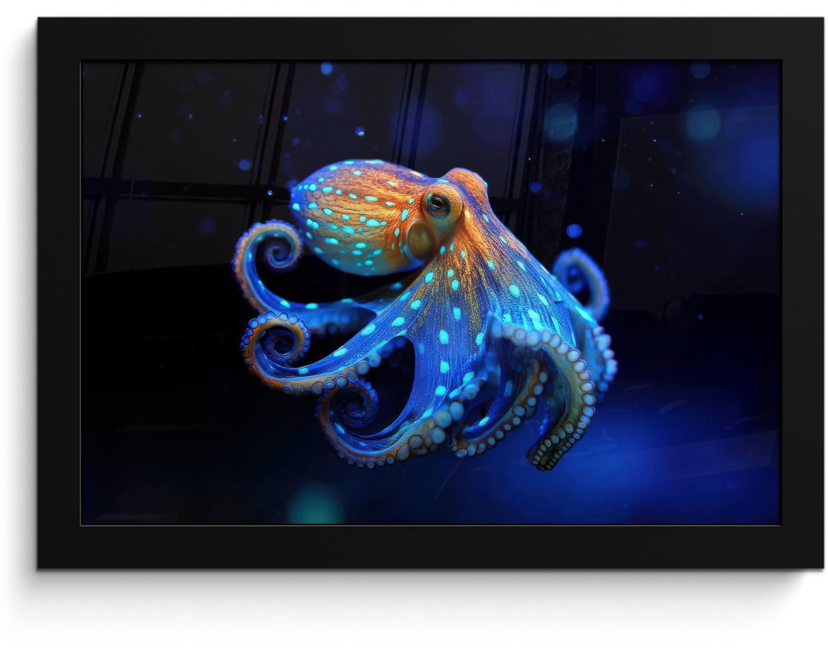 FrameYourWall Poster in lijst - Fotolijst 30x20 cm - Posters - Octopus - Stippen - Blauw - Zee - Posterlijst zwart - Decoratie - Wanddecoratie woonkamer - Muurdecoratie slaapkamer