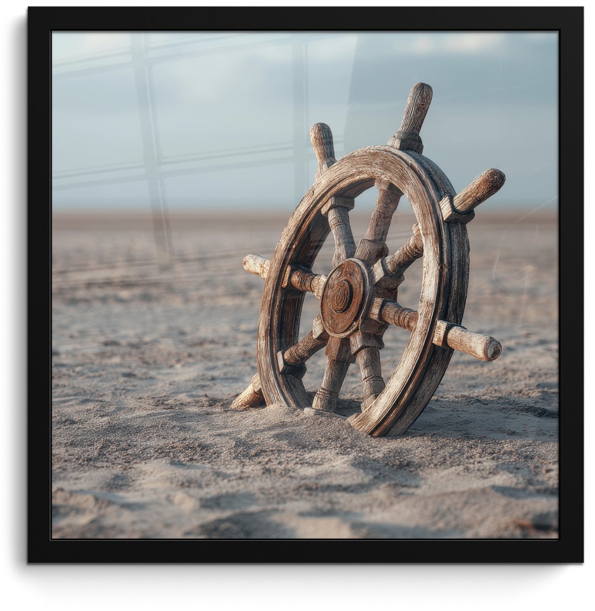 FrameYourWall Poster in lijst - Fotolijst 40x40 cm - Posters - Scheepsstuur - Hout - Bruin - Zand - Posterlijst zwart - Decoratie - Wanddecoratie woonkamer - Muurdecoratie slaapkamer