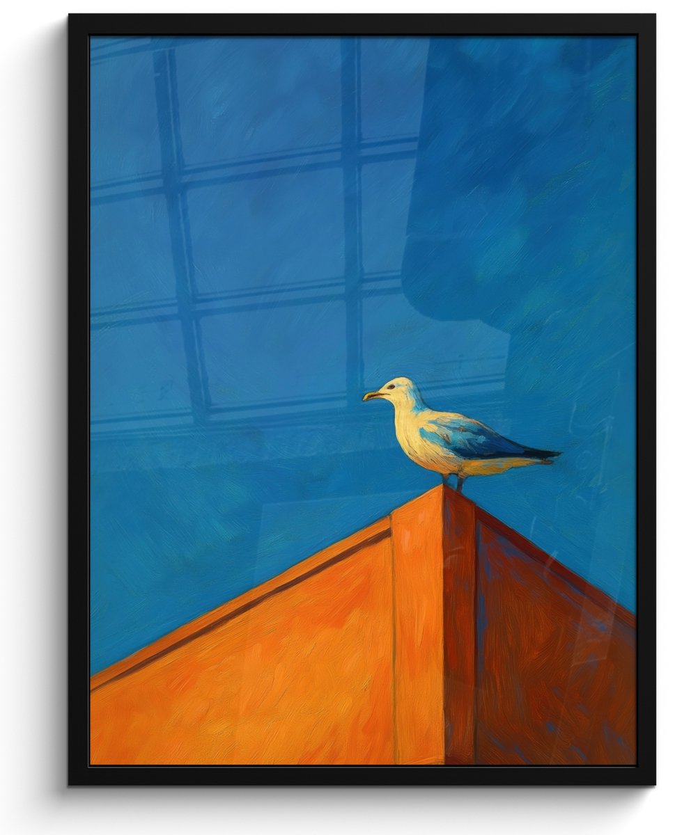 FrameYourWall Poster in lijst - Fotolijst 60x80 cm - Posters - Meeuw - Gebouw - Lucht - Geschilderd - Posterlijst zwart - Decoratie - Wanddecoratie woonkamer - Muurdecoratie slaapkamer