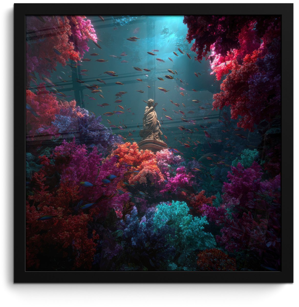 FrameYourWall Poster in lijst - Fotolijst 40x40 cm - Posters - Standbeeld - Zeebodem - Koraal - Kleurrijk - Posterlijst zwart - Decoratie - Wanddecoratie woonkamer - Muurdecoratie slaapkamer