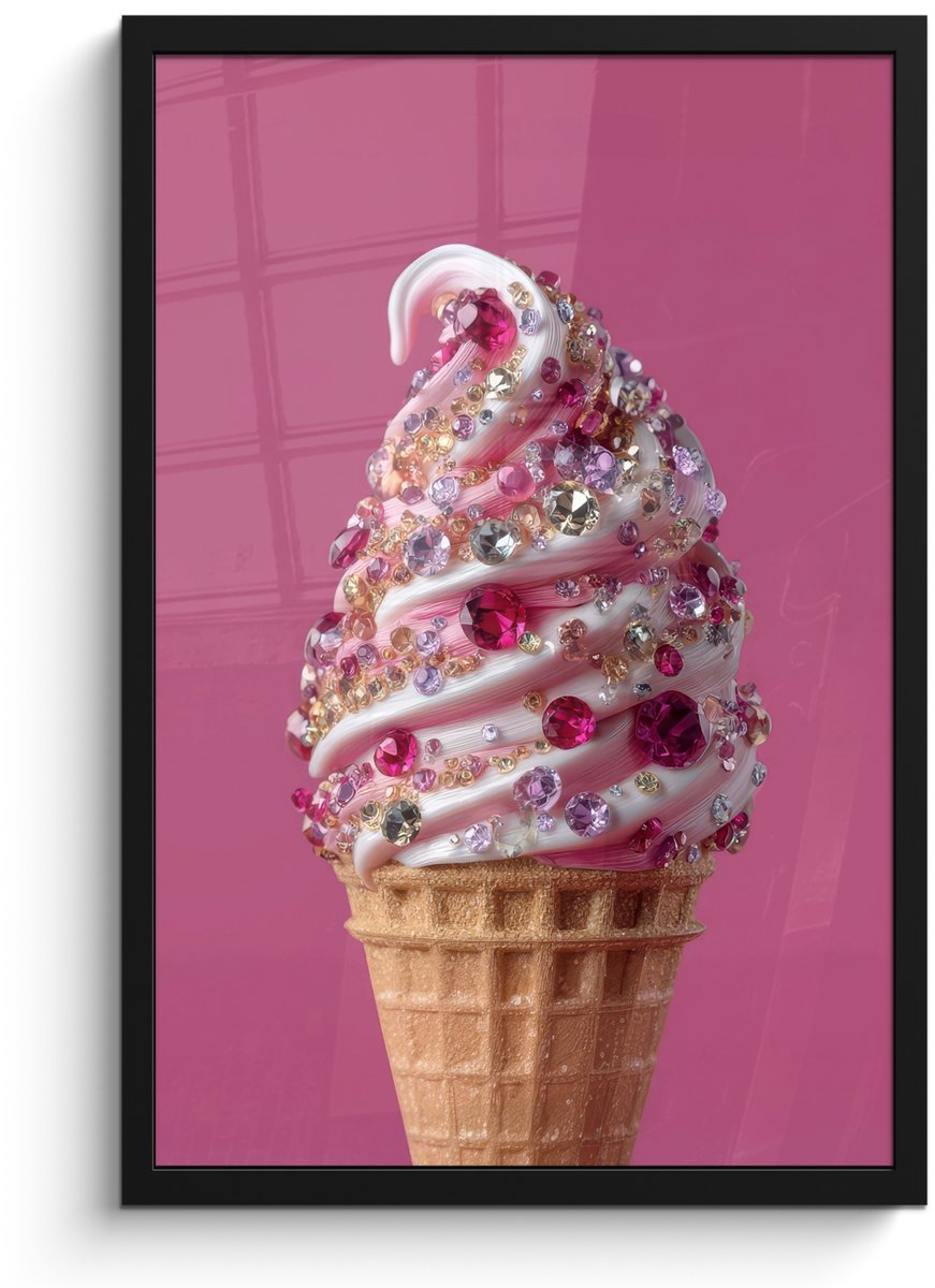 FrameYourWall Poster in lijst - Fotolijst 40x60 cm - Posters - Softijs - Edelstenen - Roze - Hoorntje - Posterlijst zwart - Decoratie - Wanddecoratie woonkamer - Muurdecoratie slaapkamer