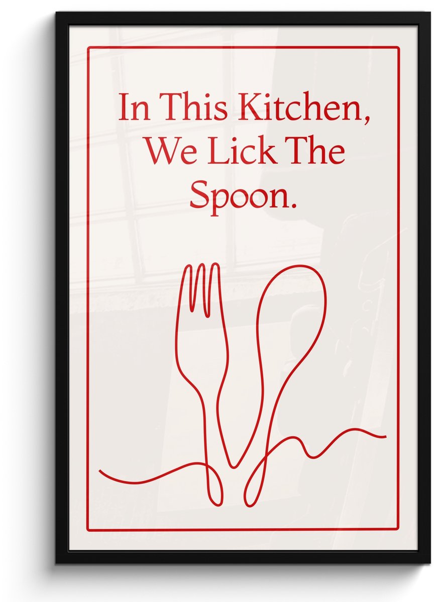 FrameYourWall Poster in lijst - Fotolijst 60x90 cm - Posters - Minimalistisch - Vork - Lepel - Lijntekening - Posterlijst zwart - Decoratie - Wanddecoratie woonkamer - Muurdecoratie slaapkamer Vork - Lepel - Quote